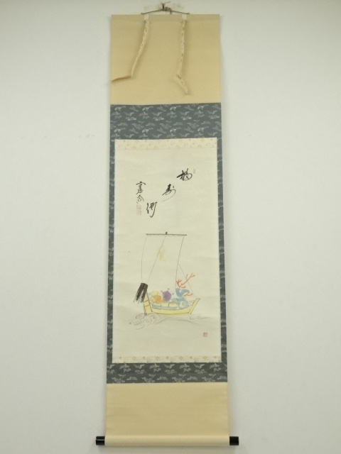 JAPANESE HANGING SCROLL / HAND PAINTED / GODS ON SAILING SHIP